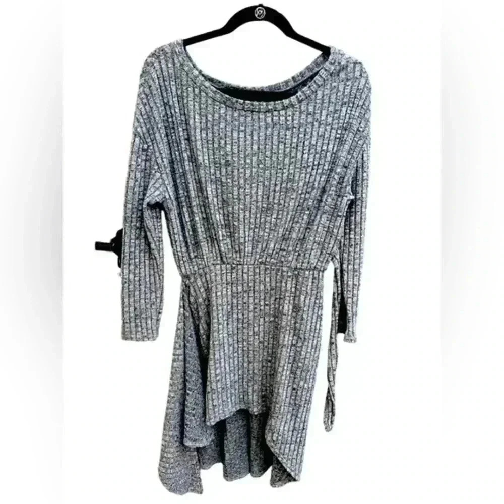 Grey Ribbed Dress officer, work, synced waist, long sleeve E9